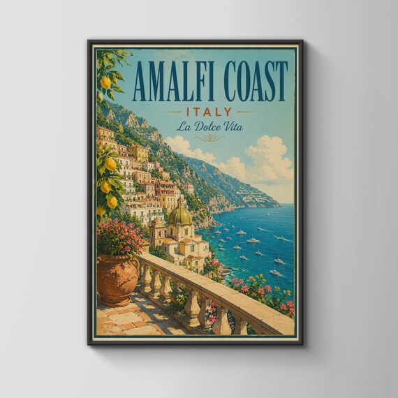 Amalfi Coast Italy Vintage Travel Poster La Dolce Vita Cliffside Village View