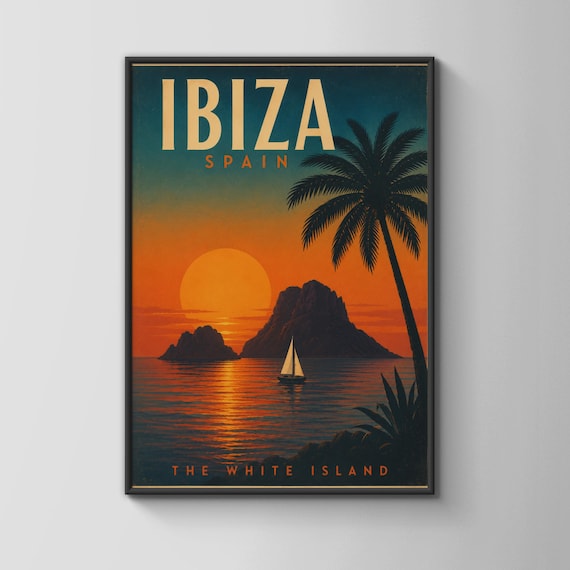 Ibiza Spain Travel Poster White Island Sunset Es Vedra Retro Style