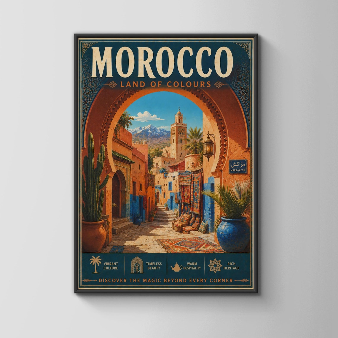 Morocco Land Of Colours Poster Marrakech Medina Arch Atlas Vintage Art