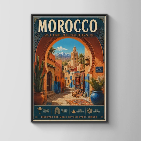 Morocco Marrakech Vintage Travel Poster Moroccan Medina Wall Art Print Boho