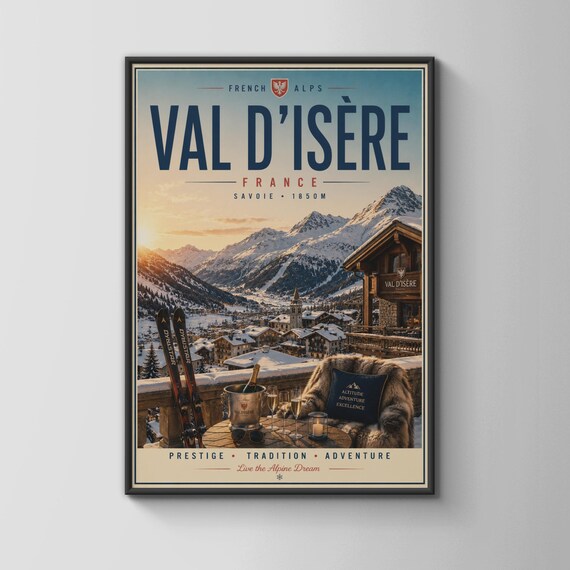 Val d'Isère French Alps Vintage Ski Resort Travel Poster Savoie 1850m View