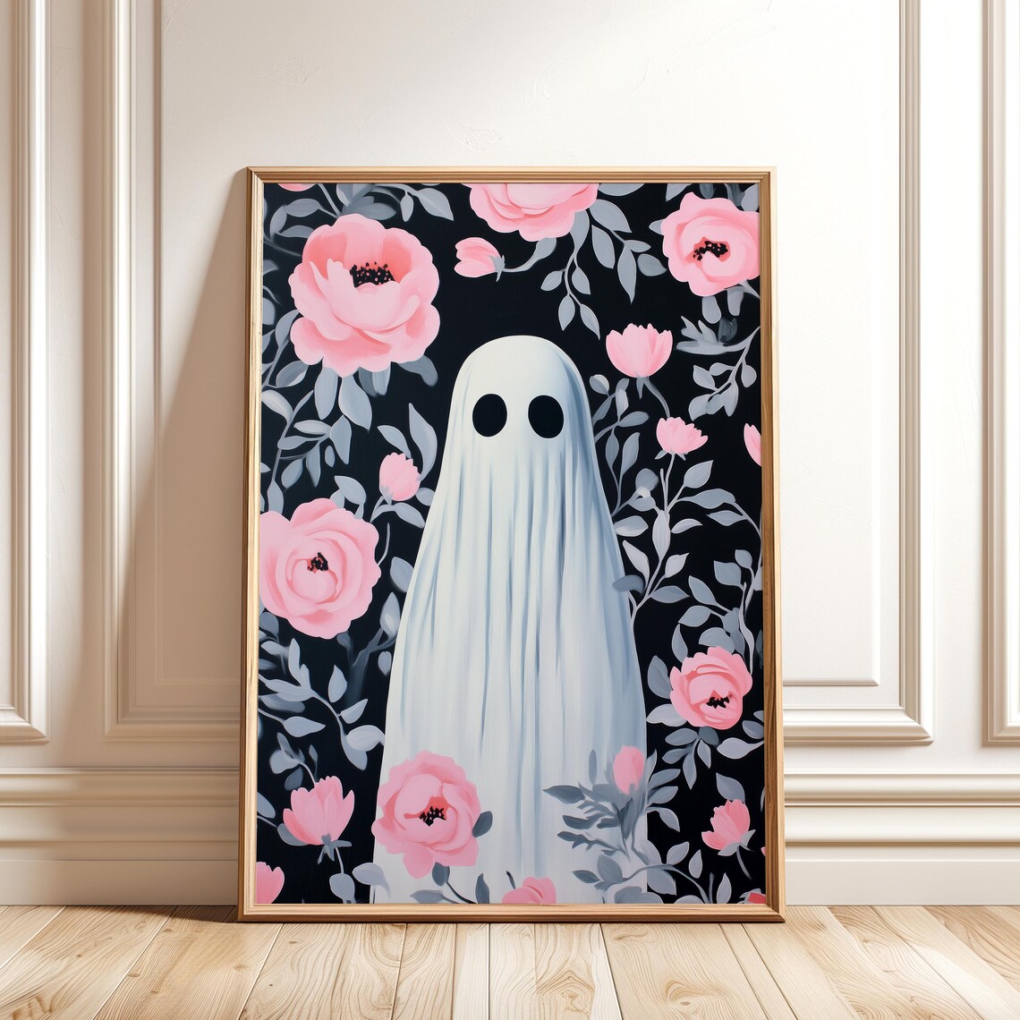 Cute Ghost Among Pink Peonies Spooky Floral Halloween Wall Art
