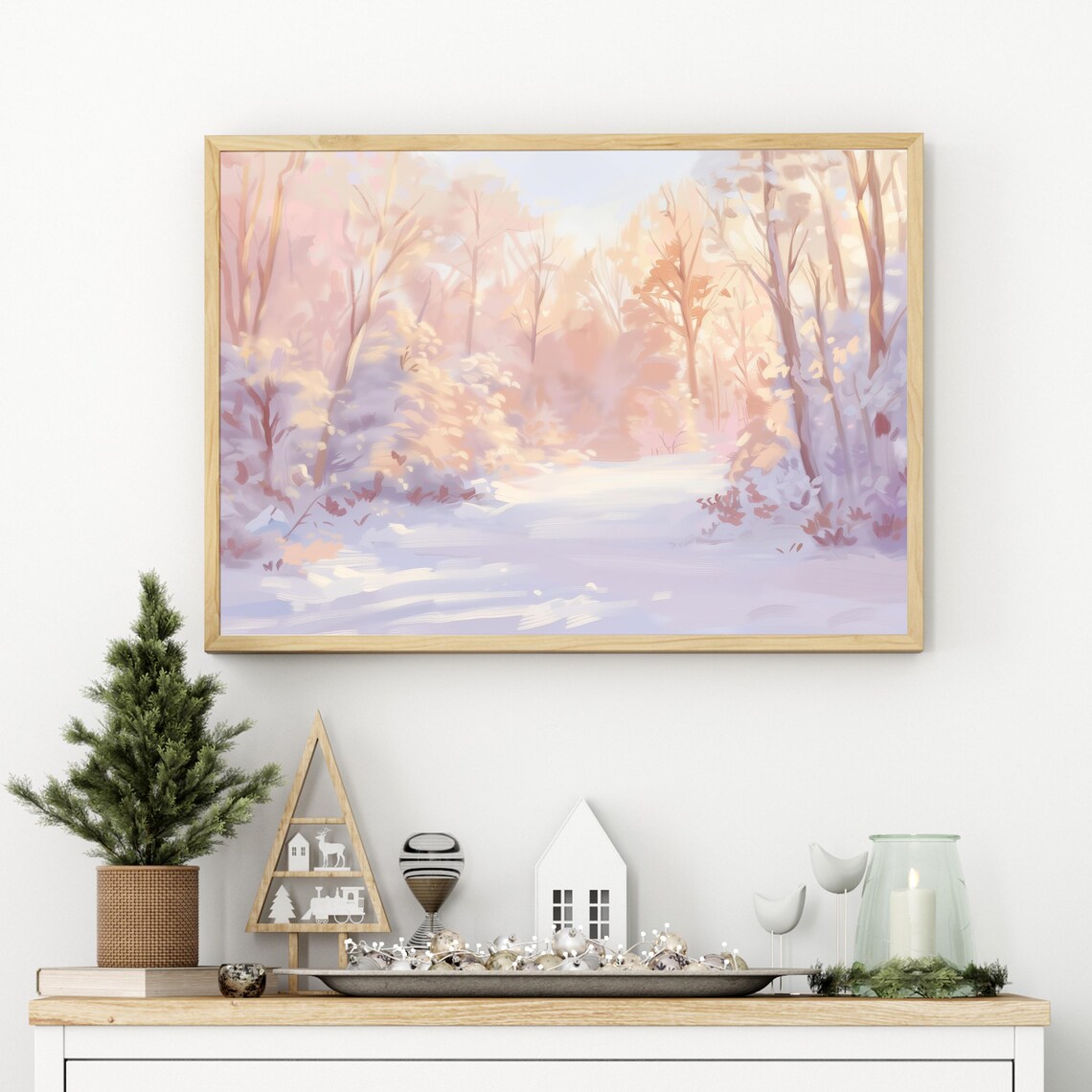 Pastel Winter Forest Painting, Pink Christmas Tree - Image 4