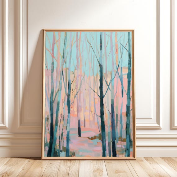 Pastel Birch Forest Print Winter Landscape Wall Art Blue And Pink Nature