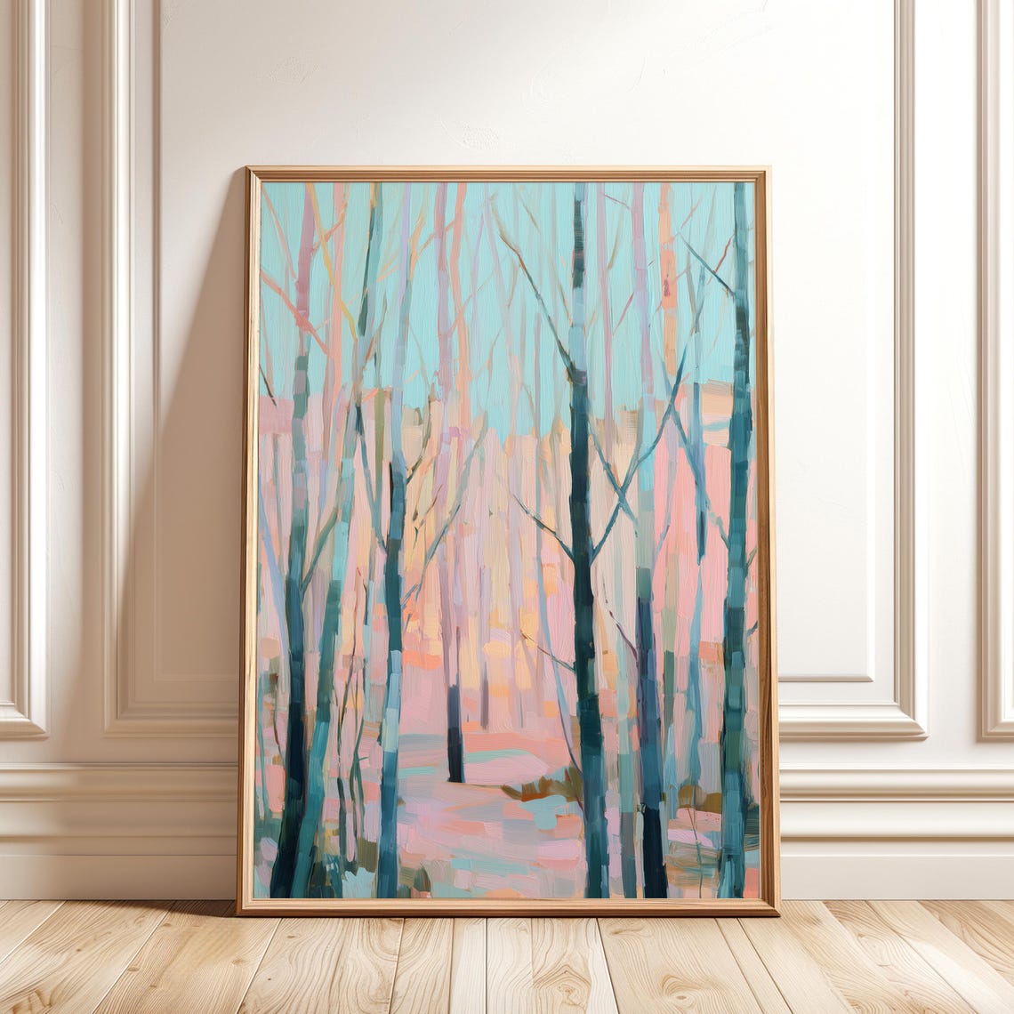 Pastel Birch Forest Pink Blue Trees Abstract Painting Wall Art
