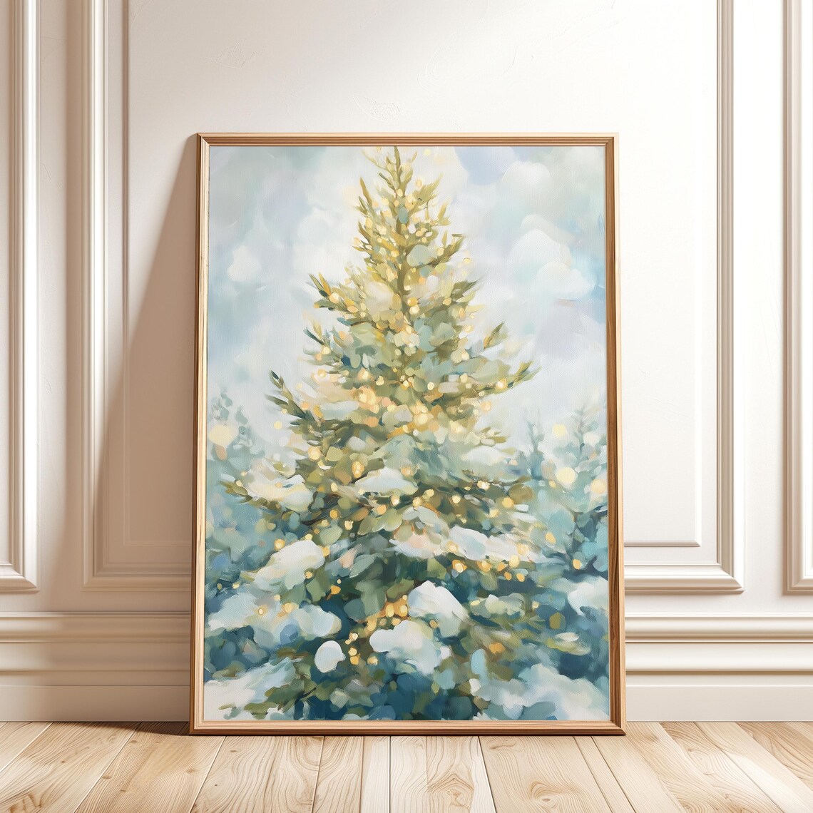 Snowy Christmas Tree Painting Golden Holiday Lights Winter Poster