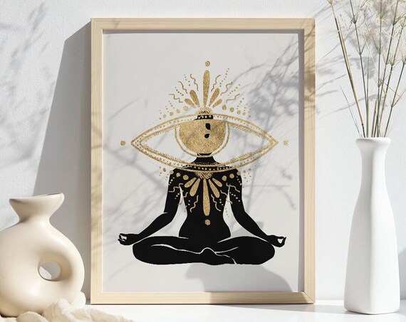 Golden Eye Yoga Pose Meditation Spiritual Gold Sunburst Style Poster