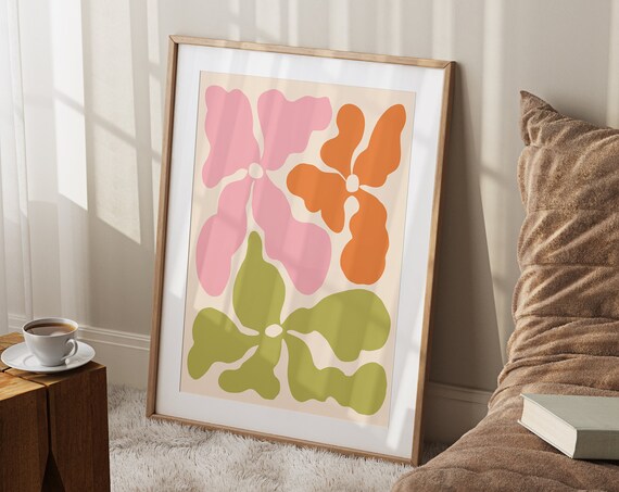 Retro Wavy Flowers Poster Abstract Flowers Print Sage Green Pink Botanical Print Matisse Flower Print Boho Flowers Art Print Bo125