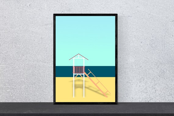 Minimalist Lifeguard Tower Beach Turquoise Summer Art Poster