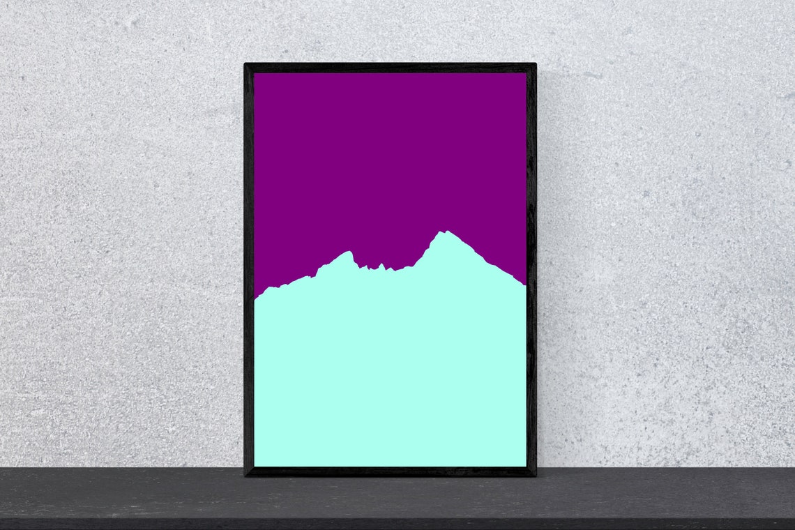 Teal Mountain Silhouette on Deep Purple Sky Minimal Art Poster