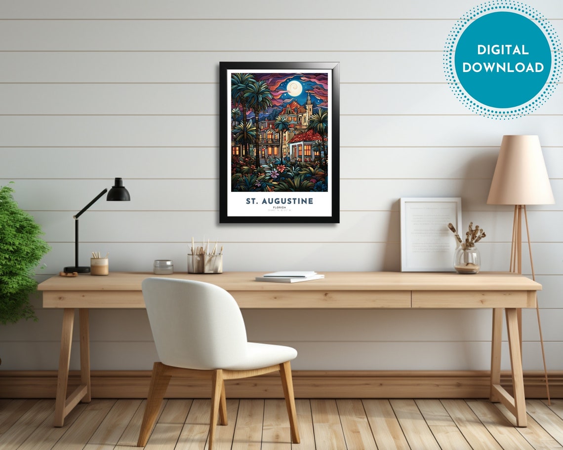 St. Augustine Florida Night Palms Historic Town Moon Art Poster - Image 2