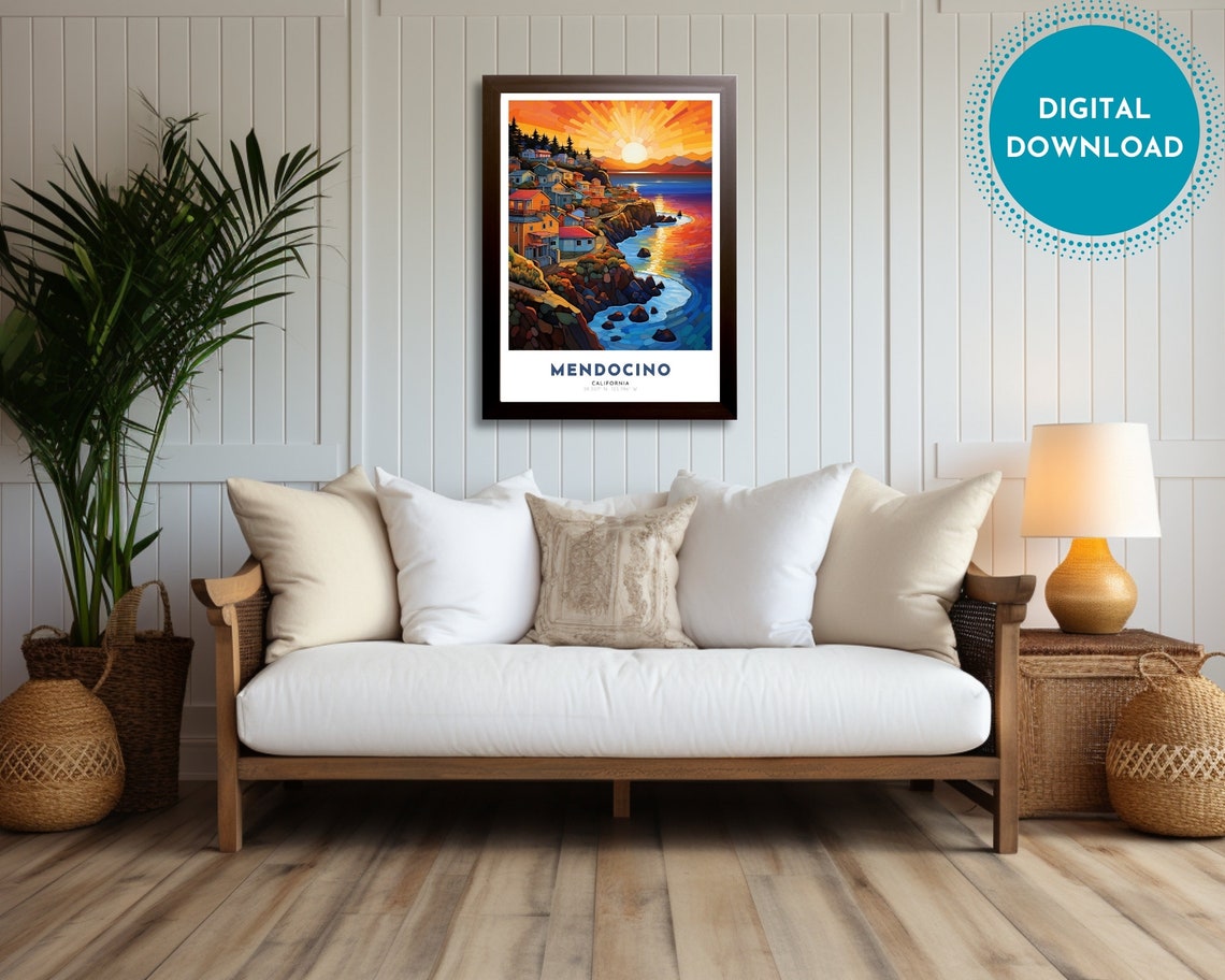 Mendocino Travel Poster Of California Art Nouveau Gift For Lovers Of Mendocino California Wall Art Decor Of Cali Painting - Image 3