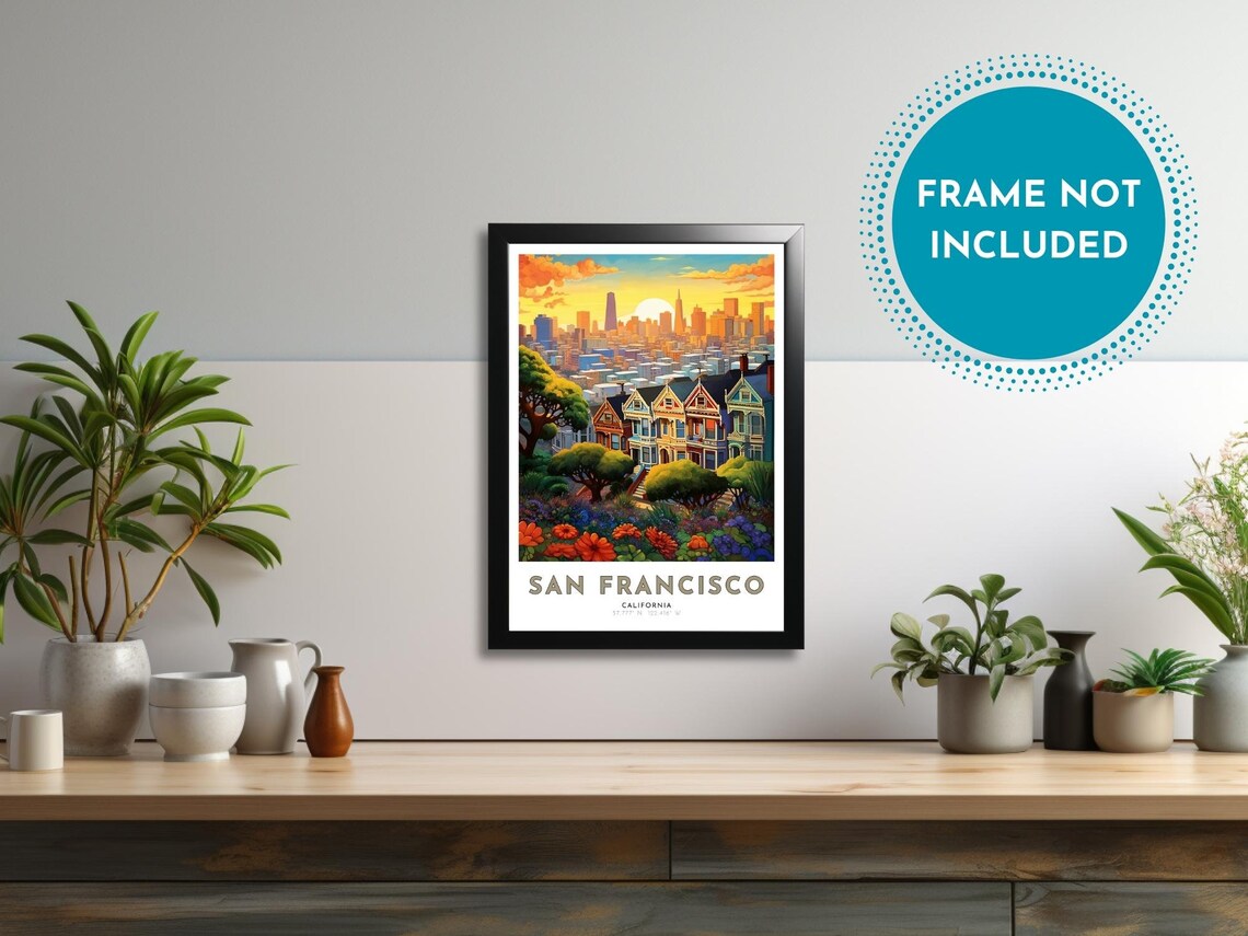 San Francisco California Victorian Houses Skyline Sunset Travel Poster - Image 3