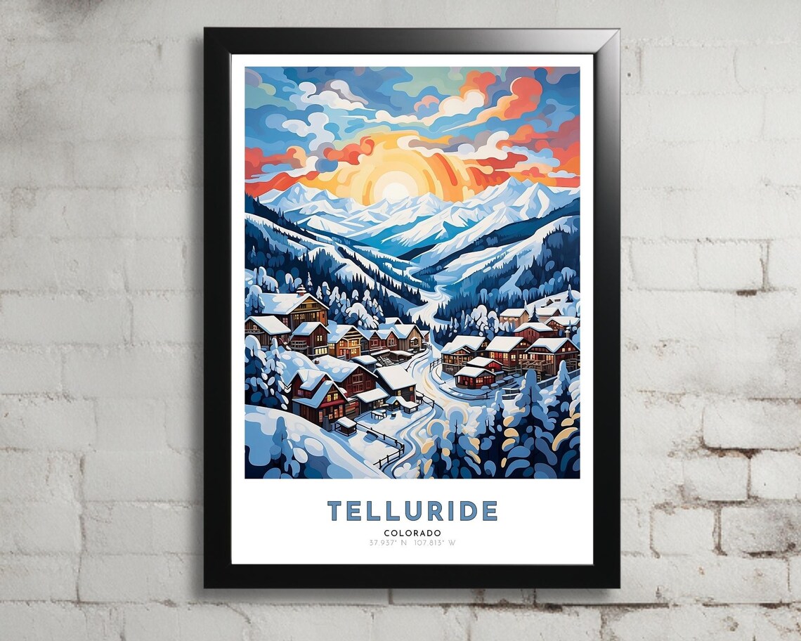 Telluride Colorado Snowy Mountain Town Winter Sunrise Travel Poster