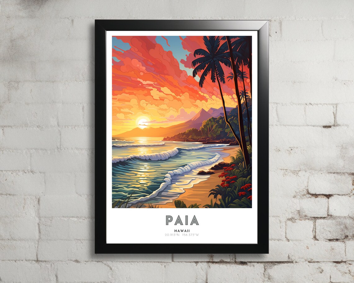 Paia Hawaii Tropical Beach Sunset Palm Trees Scene Travel Poster