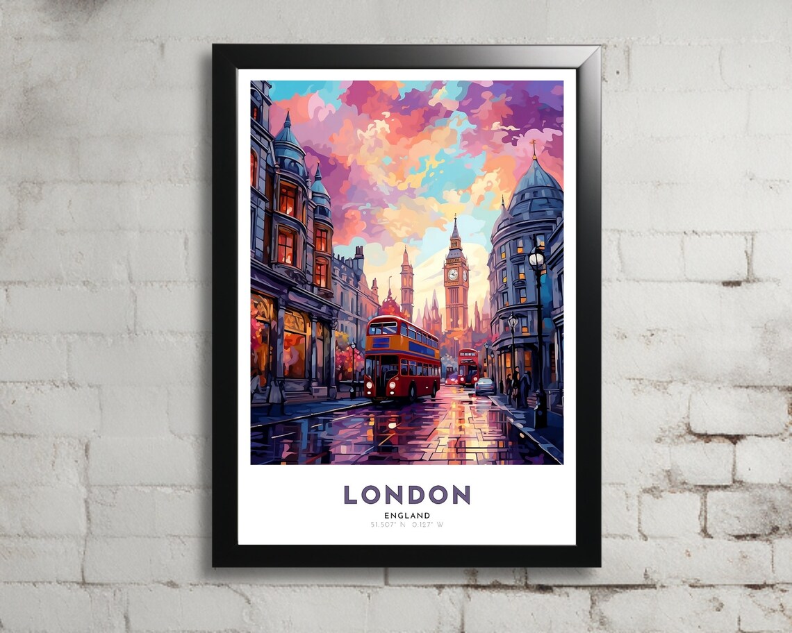 London England Red Bus Big Ben Sunset Rain Street Travel Poster