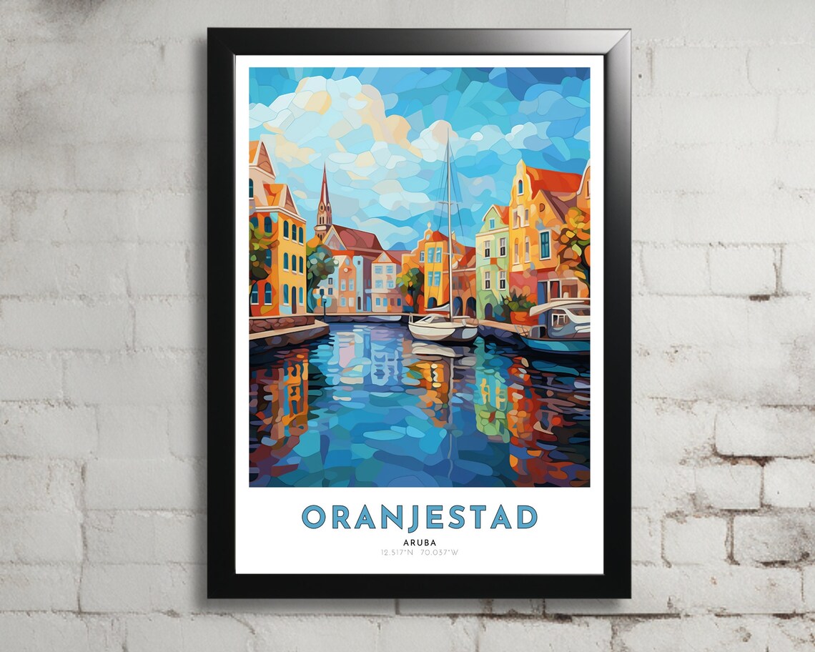 Oranjestad Aruba Colorful Canal Harbor Waterfront Art Poster