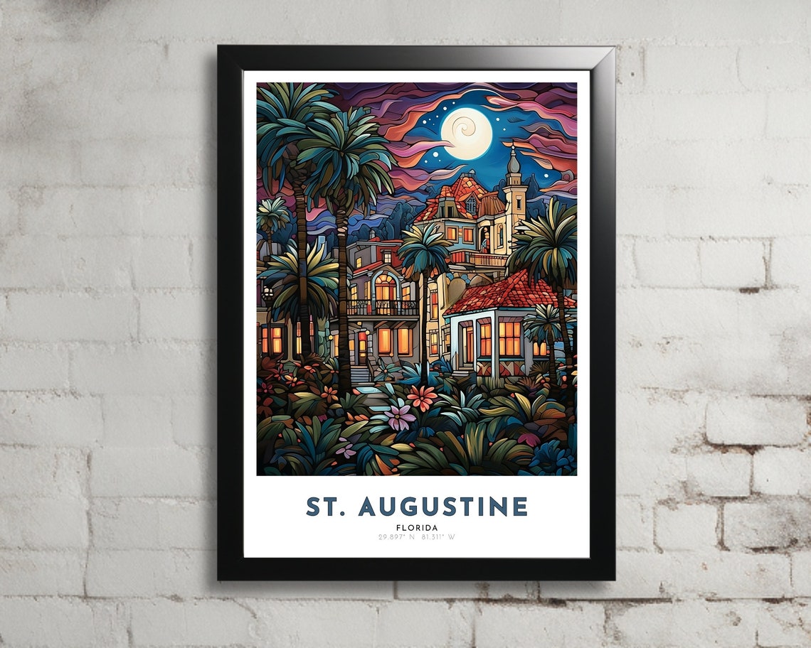 St. Augustine Florida Night Palms Historic Town Moon Art Poster