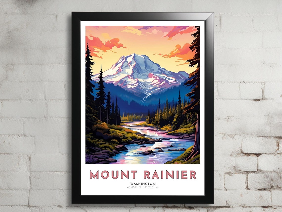 Mount Rainier Washington Snowy Peak River Pine Forest Poster