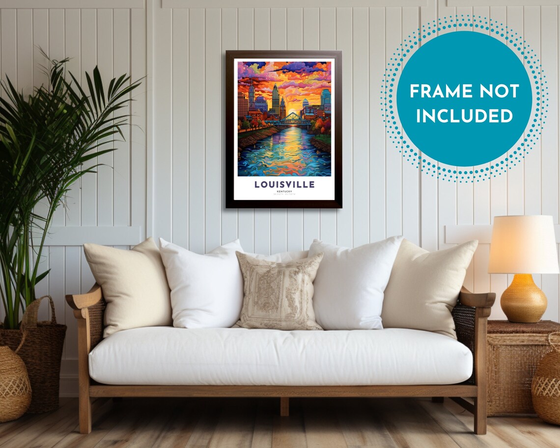 Louisville Kentucky Sunset Skyline River Bridge Travel Poster - Image 2