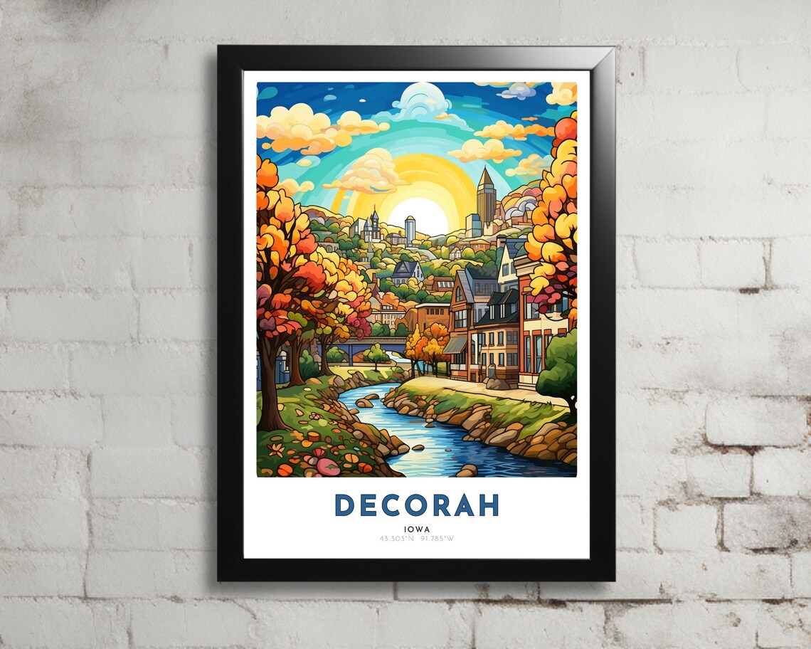 Decorah Iowa Colorful Hillside Town With River Travel Poster