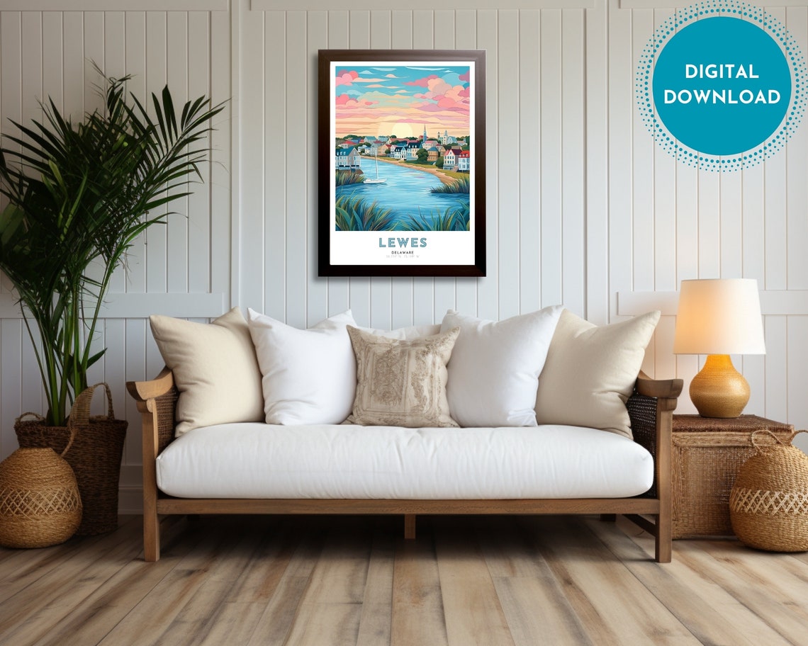 Lewes Delaware Riverside Harbor Sunset Sailboat Coastal Art Poster - Image 2