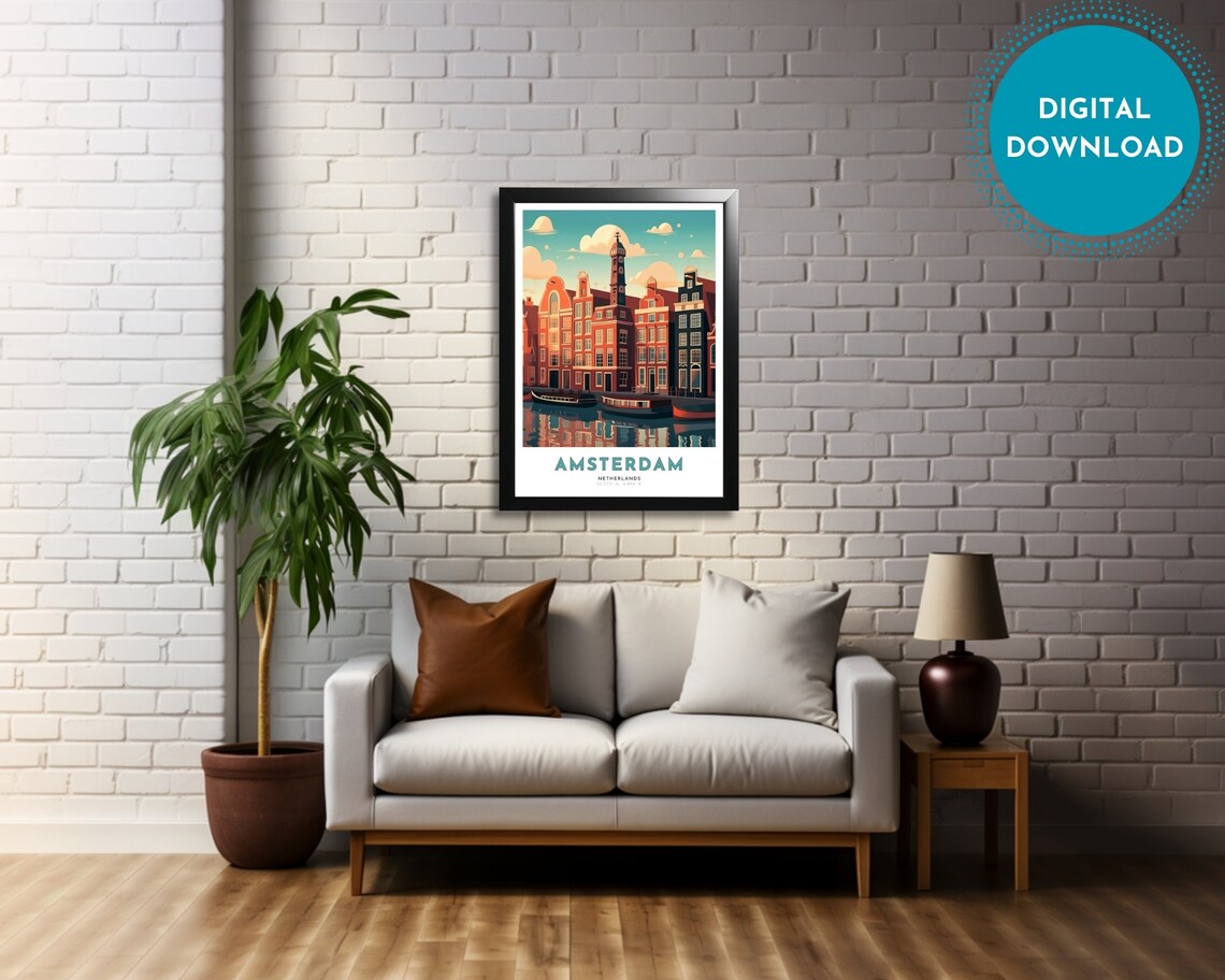 Amsterdam Netherlands Canal Houses Boats Reflection Travel Poster - Image 4