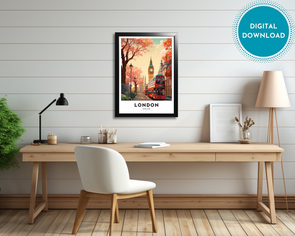 London England Big Ben Red Bus Autumn Street Art Nouveau Travel Poster - Image 2