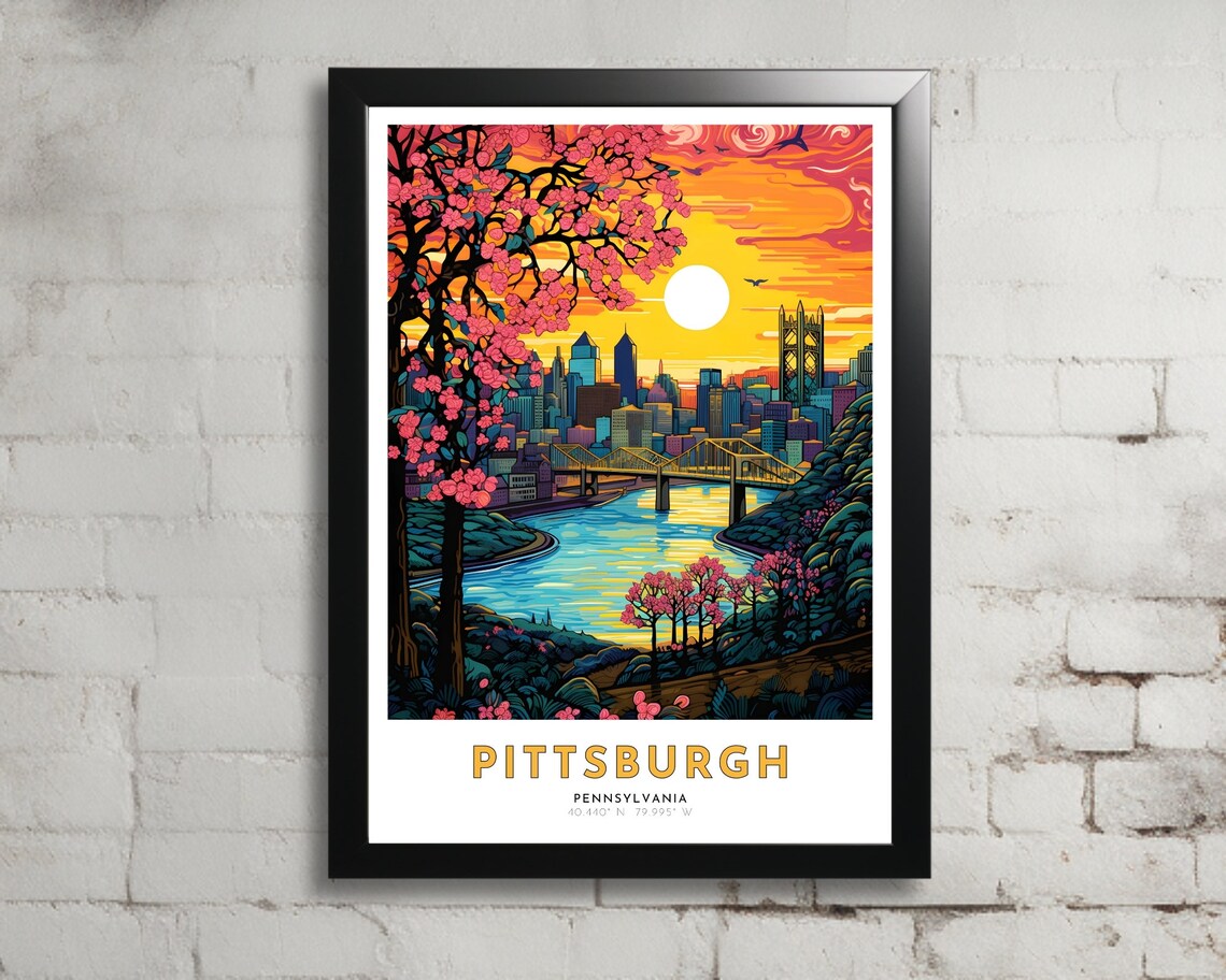 Pittsburgh Pennsylvania Spring Sunset River Bridge Art Poster
