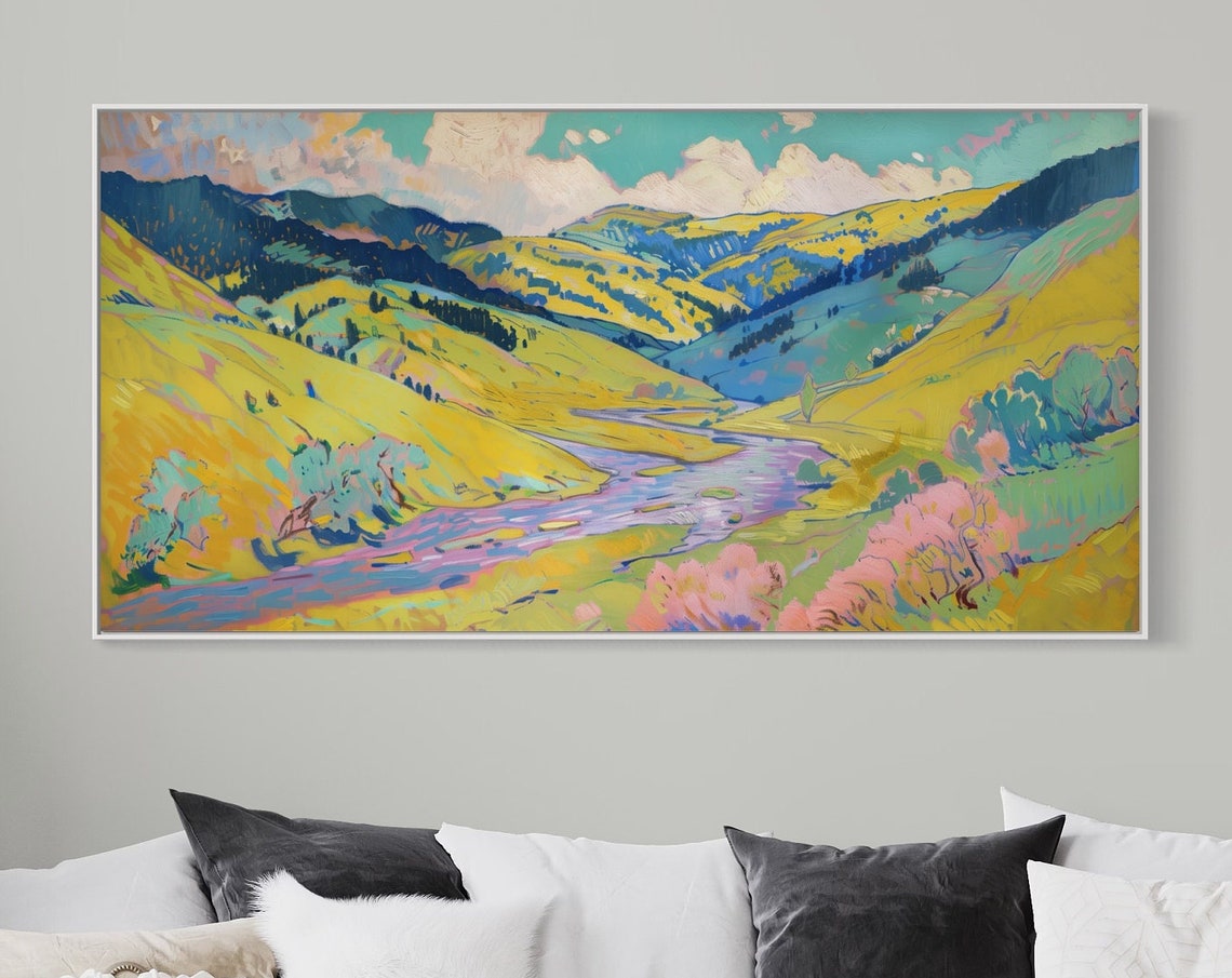 Whimsical Summer Landscape Panoramic Pastoral Landscape Print With Rustic Charm Expressive River Painting Print For Home Decore