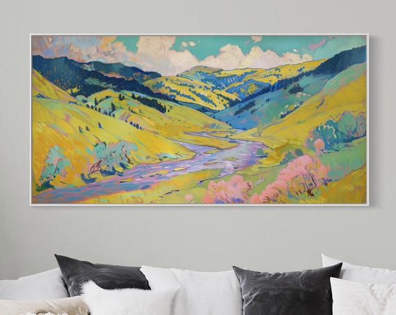 Whimsical Summer Landscape Panoramic Pastoral Landscape Print With Rustic Charm Expressive River Painting Print For Home Decore