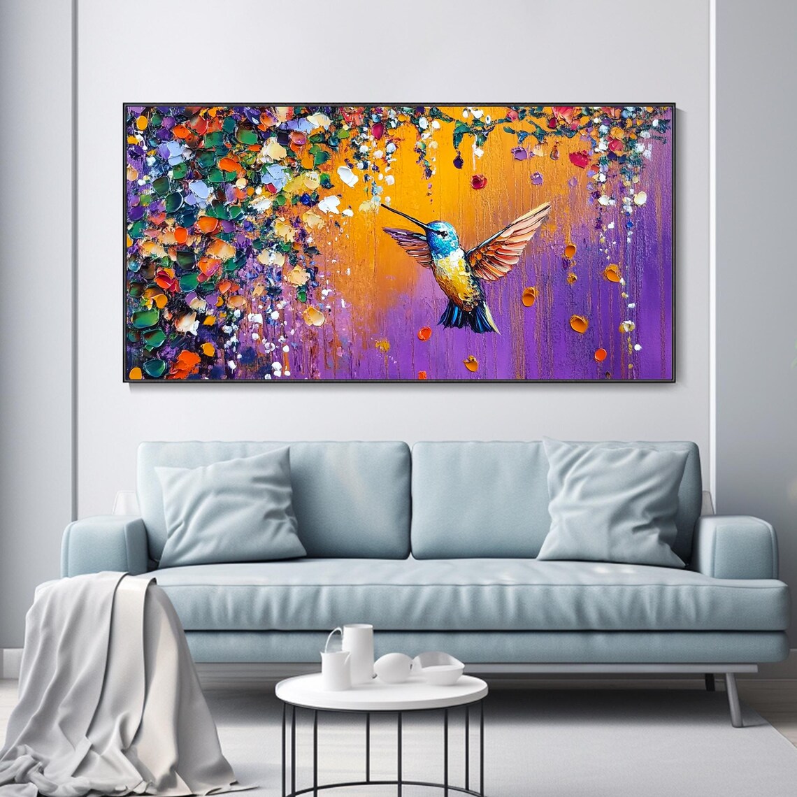 Hummingbird Copper Wings Purple Sunset Petals Impasto Art Poster - Image 3