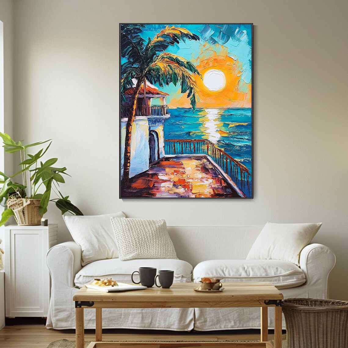 Tropical Balcony Sunset Palm Fronds Turquoise Sea Art Poster - Image 4