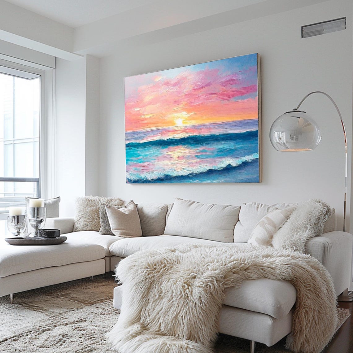 Pink Ocean Sunset Turquoise Waves Seascape Impasto Art Poster - Image 2