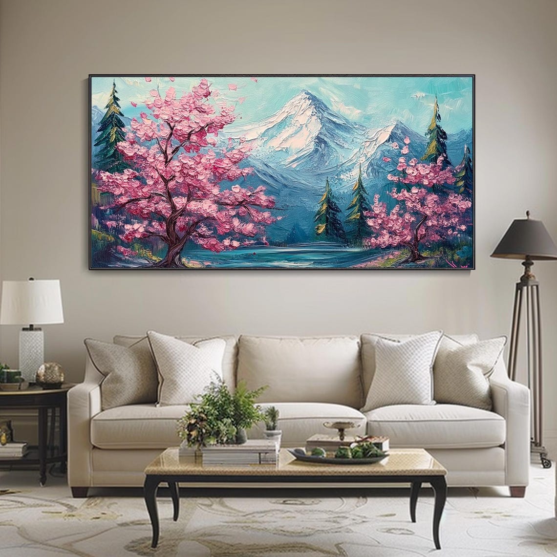 Pink Cherry Blossom Tree Snowy Mountain Lake Landscape Art Poster - Image 3