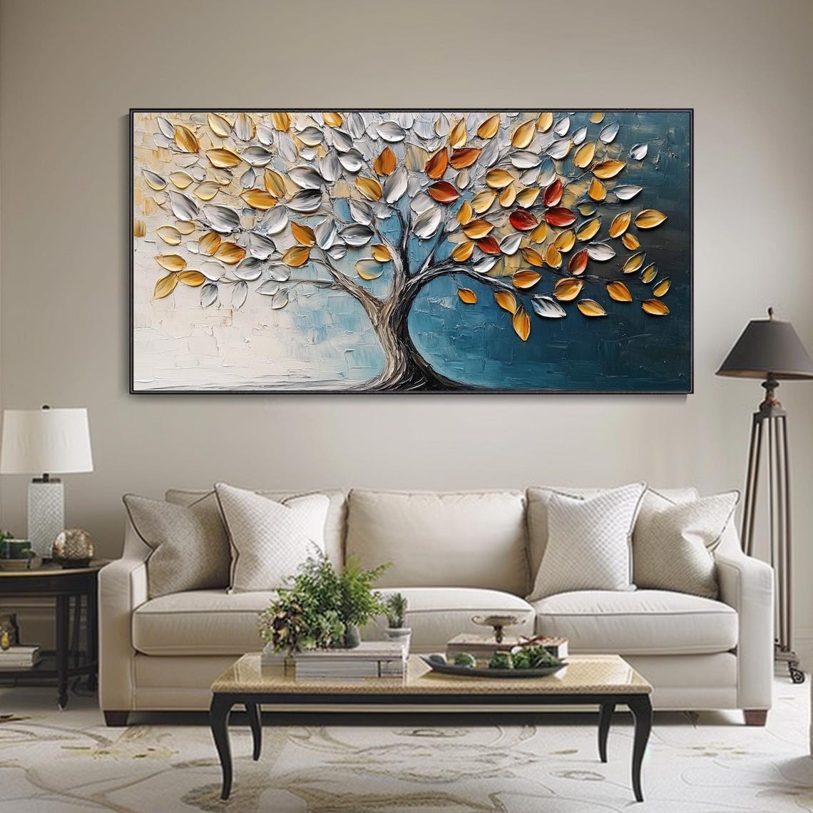 Gold Silver Tree of Life Teal Background Textured Elegant Wall Art - Image 2