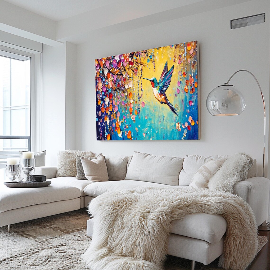 Cherry Blossom Waterfall Hummingbird Oil Art Print - Image 2