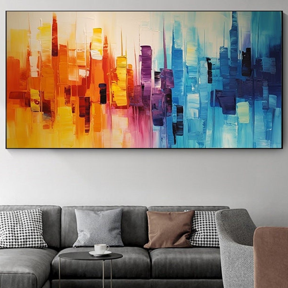 Wide Abstract Sunset Cityscape Melting Orange Into Blue Poster