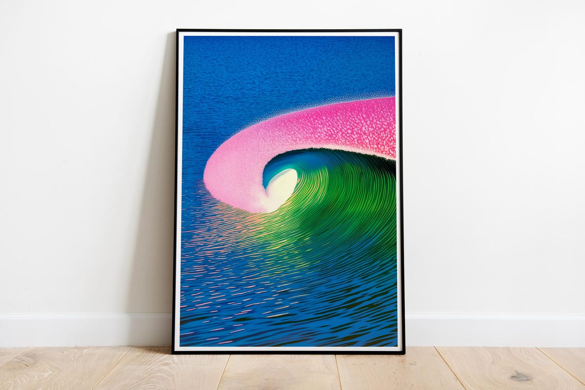 Neon Pink Surf Wave Ocean Barrel Beach House Coastal Art Poster