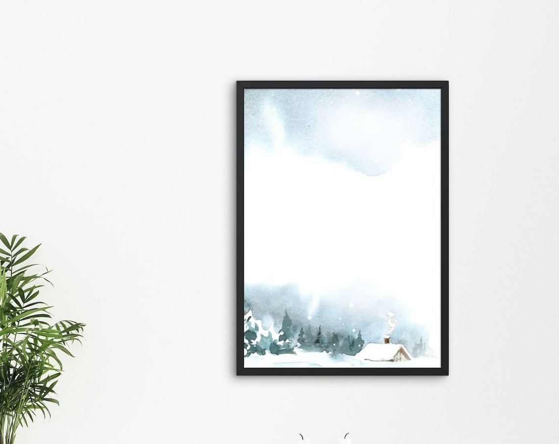 Snowy Cabin Winter Landscape Watercolor Cozy Christmas Art Poster