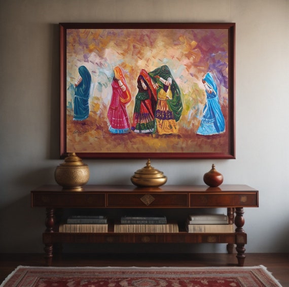 Indian Wall Art Oil Painting Rajasthani Decor Folk Art Original Artwork Desi Art Indian Home Decor