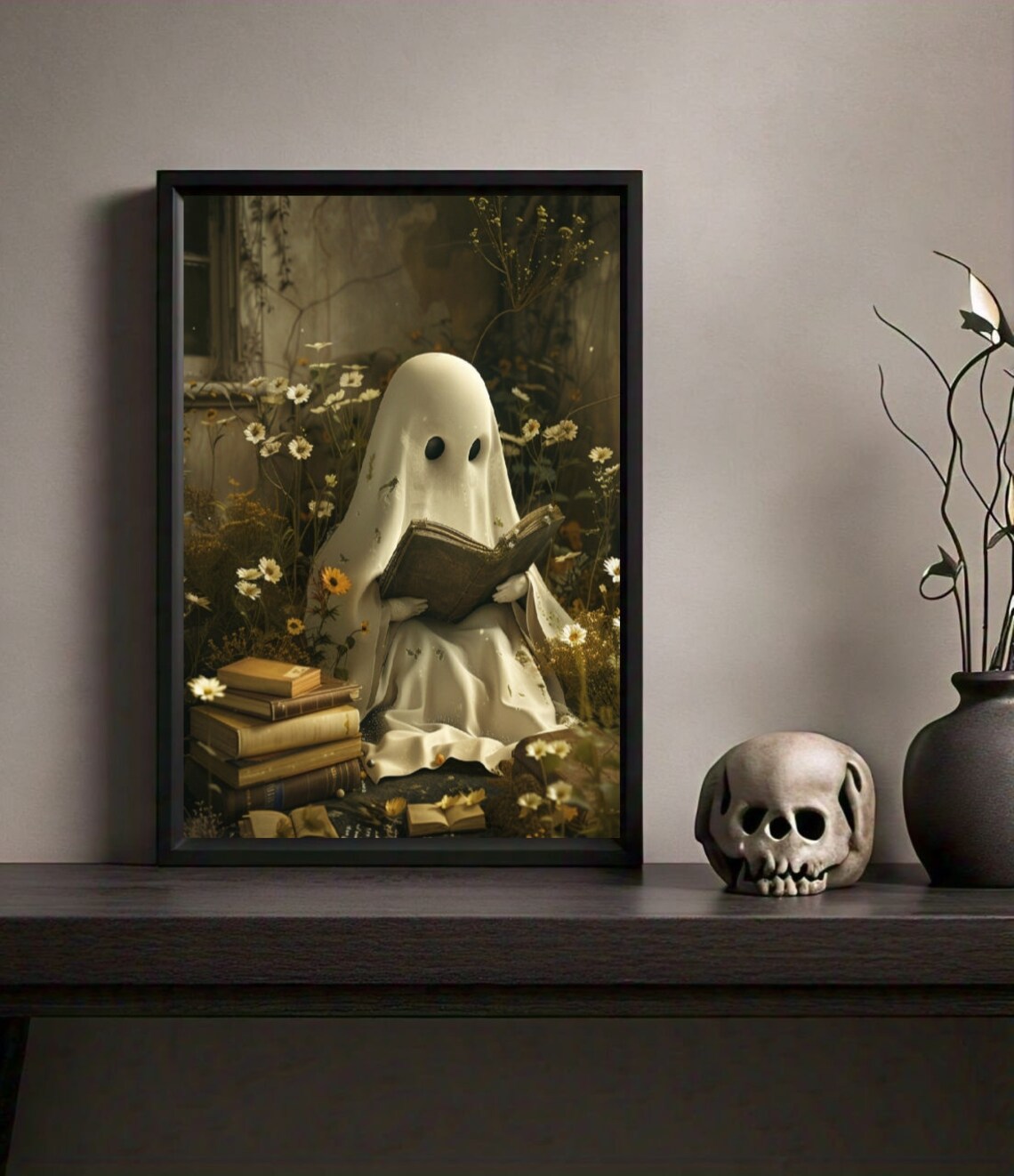 Cute Ghost Reading Book Halloween Art Print