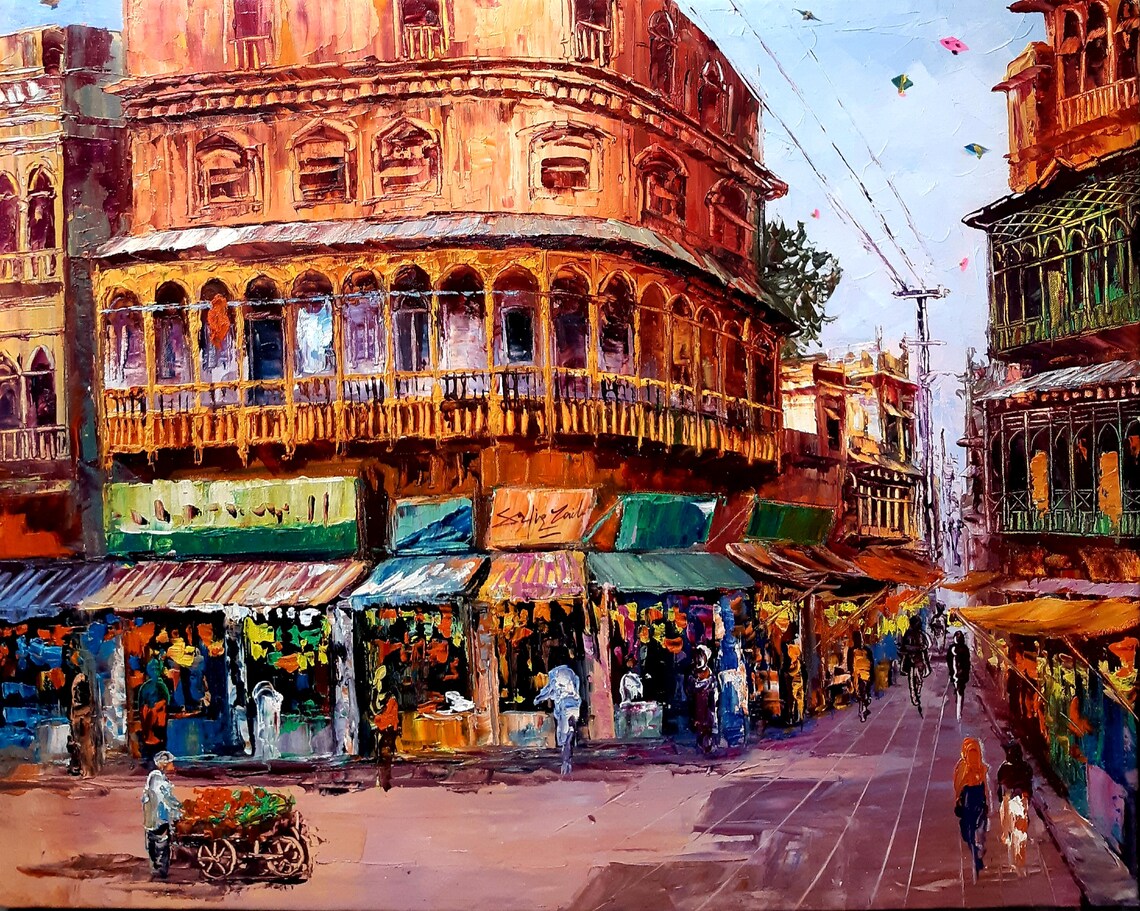 Vibrant Old Bazaar Street Oil Painting Colorful Market Scene Poster - Image 3