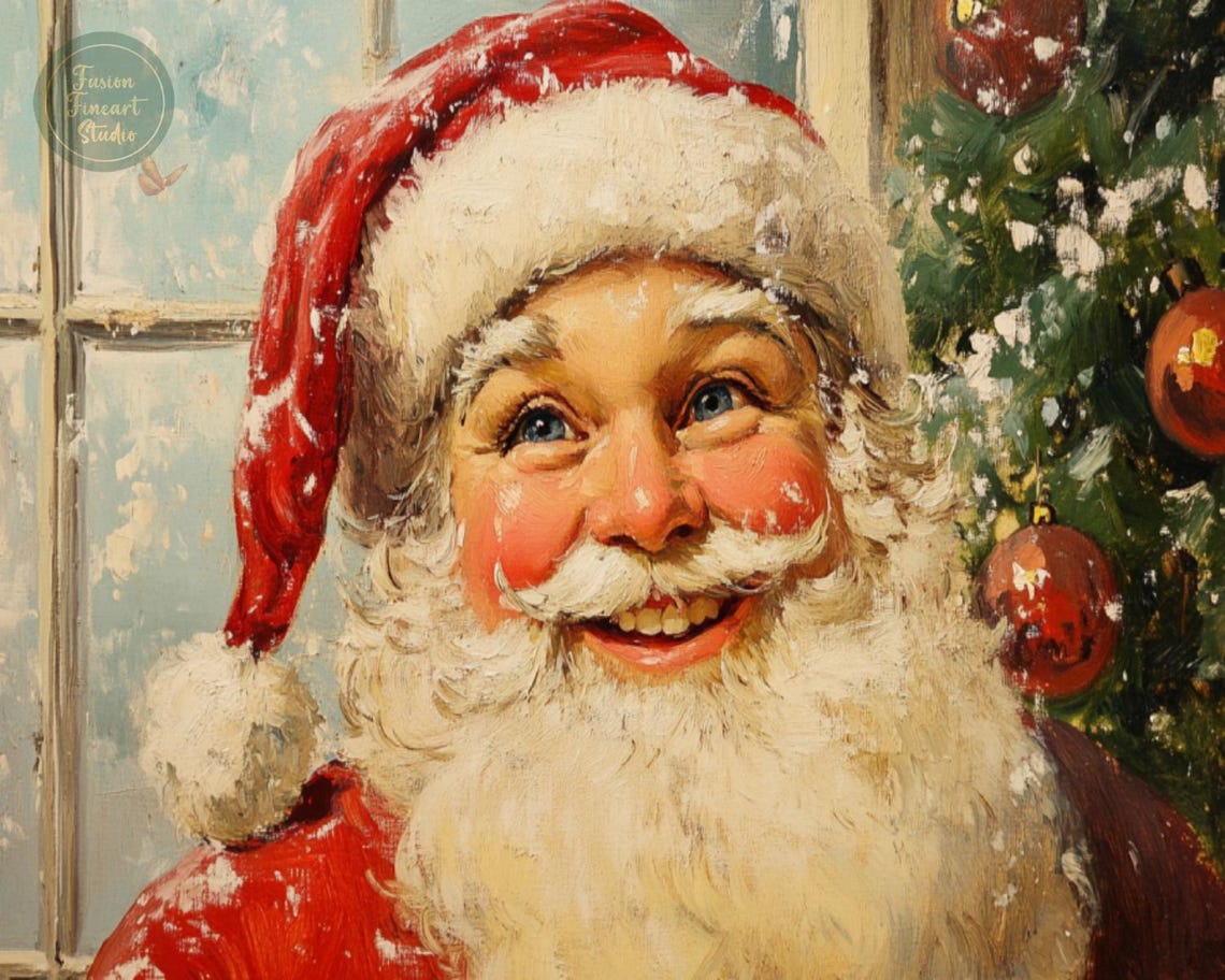Vintage Santa Claus Smiling Portrait Window Christmas Painting Poster - Image 3