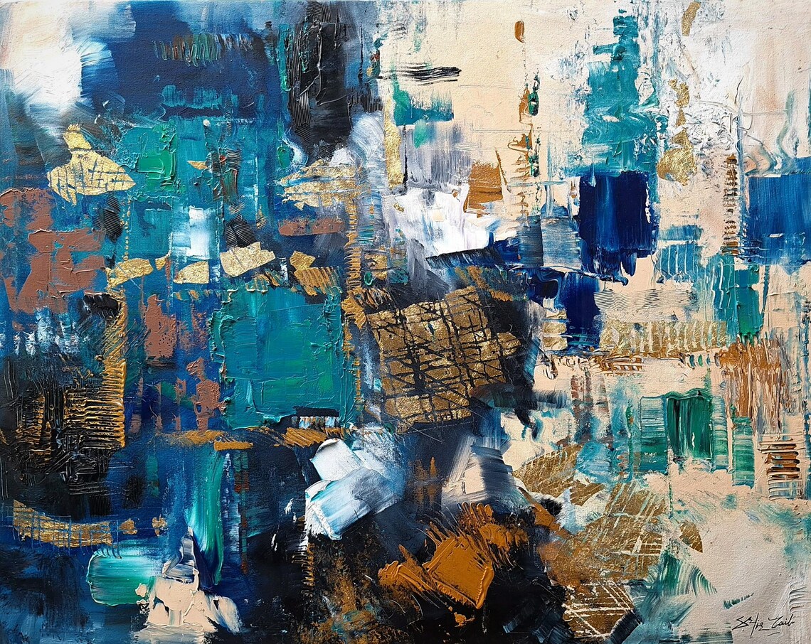 Blue Teal Cream Abstract Impasto Oil Painting Textured Art Poster - Image 3