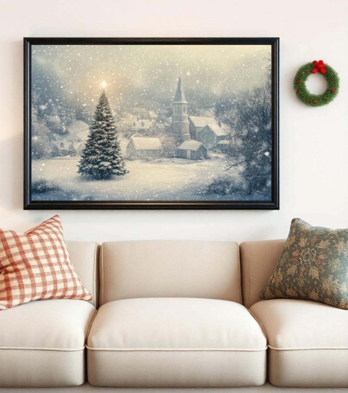 Giant Snowy Christmas Tree Village Church Falling Snow Poster - Image 2
