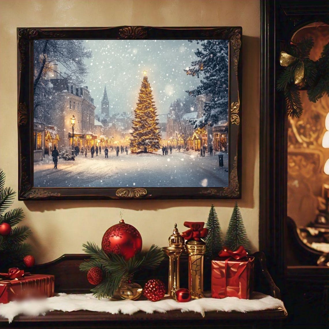 Snowy Town Square Christmas Tree Crowds Falling Snow Winter Poster - Image 2