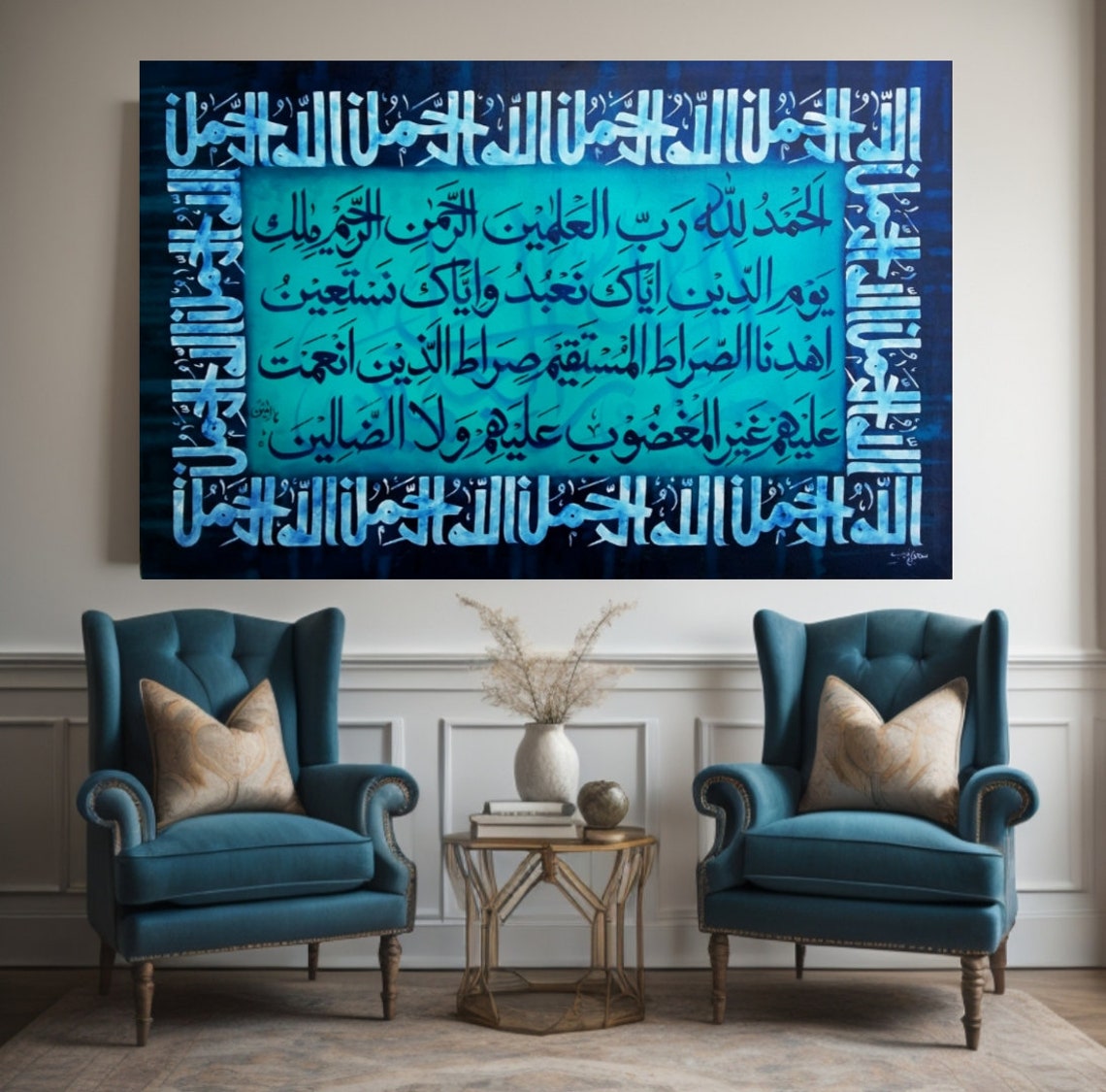 Surah Al Fatihah Blue Arabic Calligraphy Ornate Frame Poster - Image 3