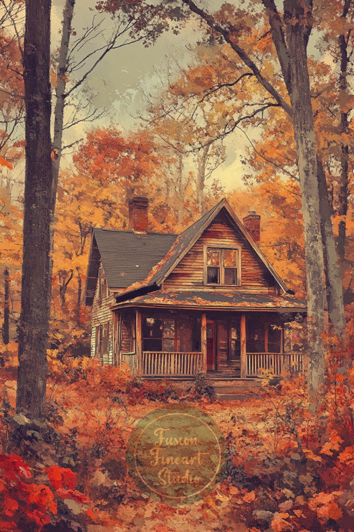 Rustic Cabin Porch Autumn Forest Orange Foliage Cozy Retreat Poster - Image 3