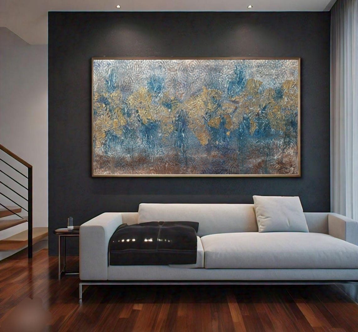 Blue Gold Textured Abstract Modern Impasto Original Oil Art Poster - Image 3